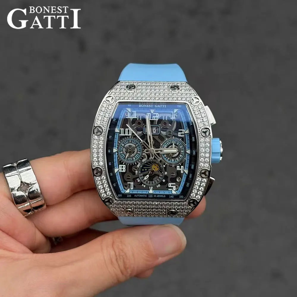 BoneCraft® 2025 – Automatic Mechanical Men’s Watch with Diamond Bezel, Rubber Strap & Sapphire Glass  Tiếng Việt: