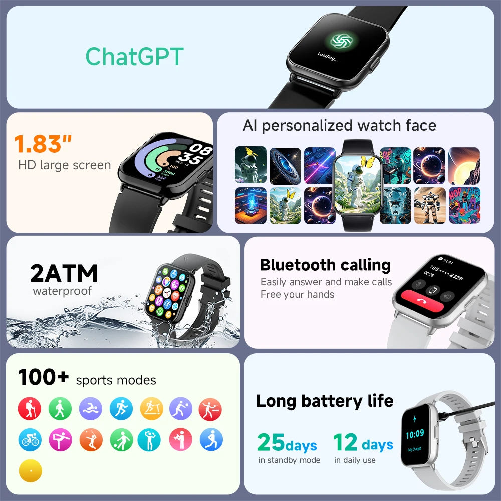 Nexidyne® – Aivance M2 | Smartwatch with 1.83" HD Display, Built-in ChatGPT, 100+ AI Faces, Bluetooth Call & Health Tracking