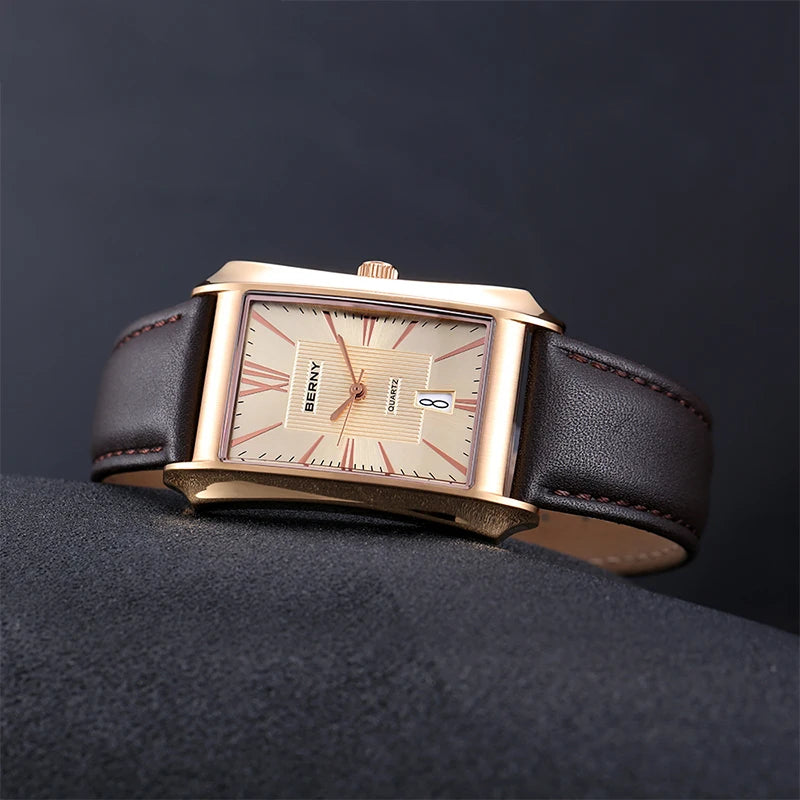 Luvrex® – Rectoné 301 | Men's Rectangle Quartz Watch with Genuine Leather Strap – 30M Waterproof Business Elegance
