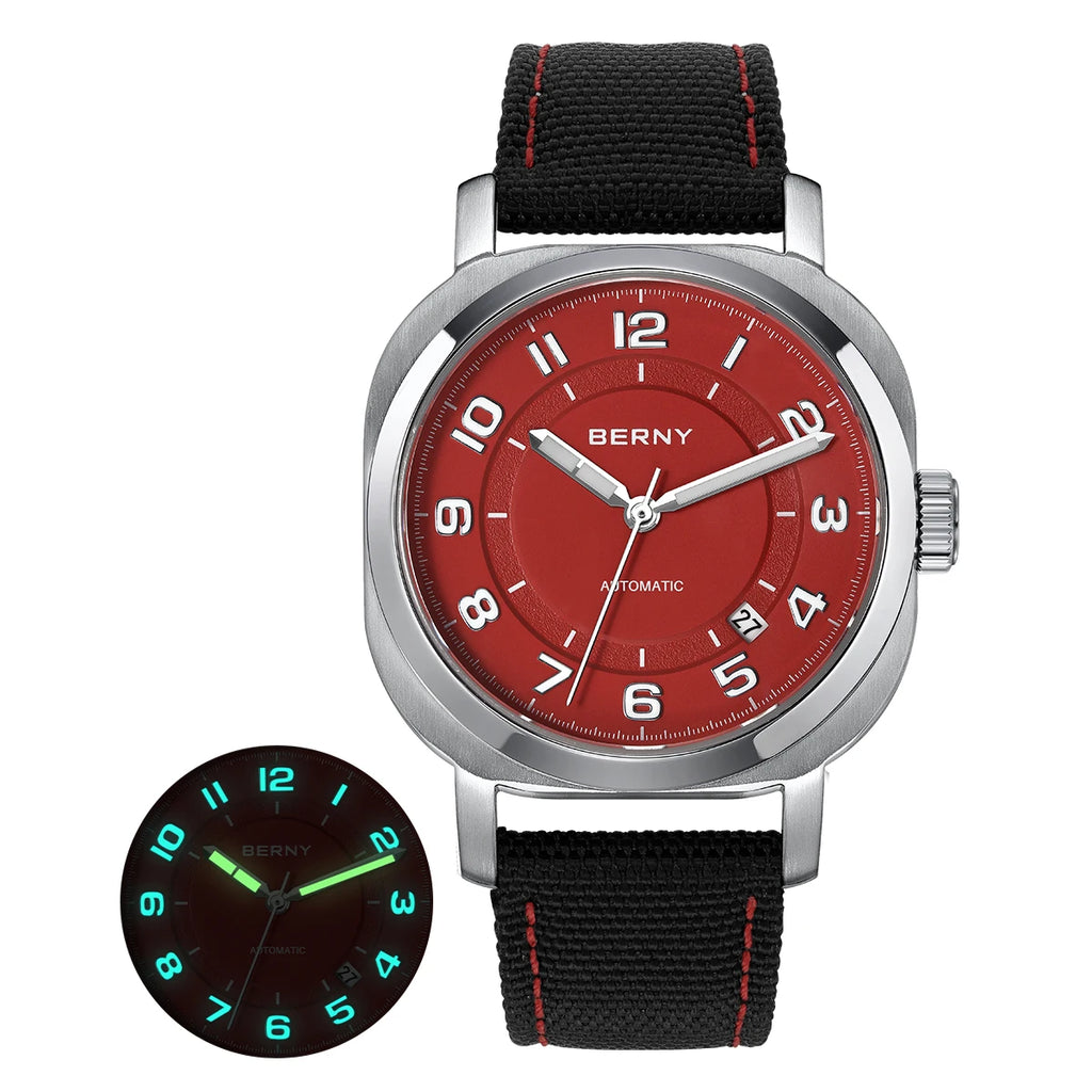 Cavonar® – Men's Cushion Mechanical Watch | 38mm, Sapphire Crystal, Super Luminous Hands, Canvas Strap, Calendar