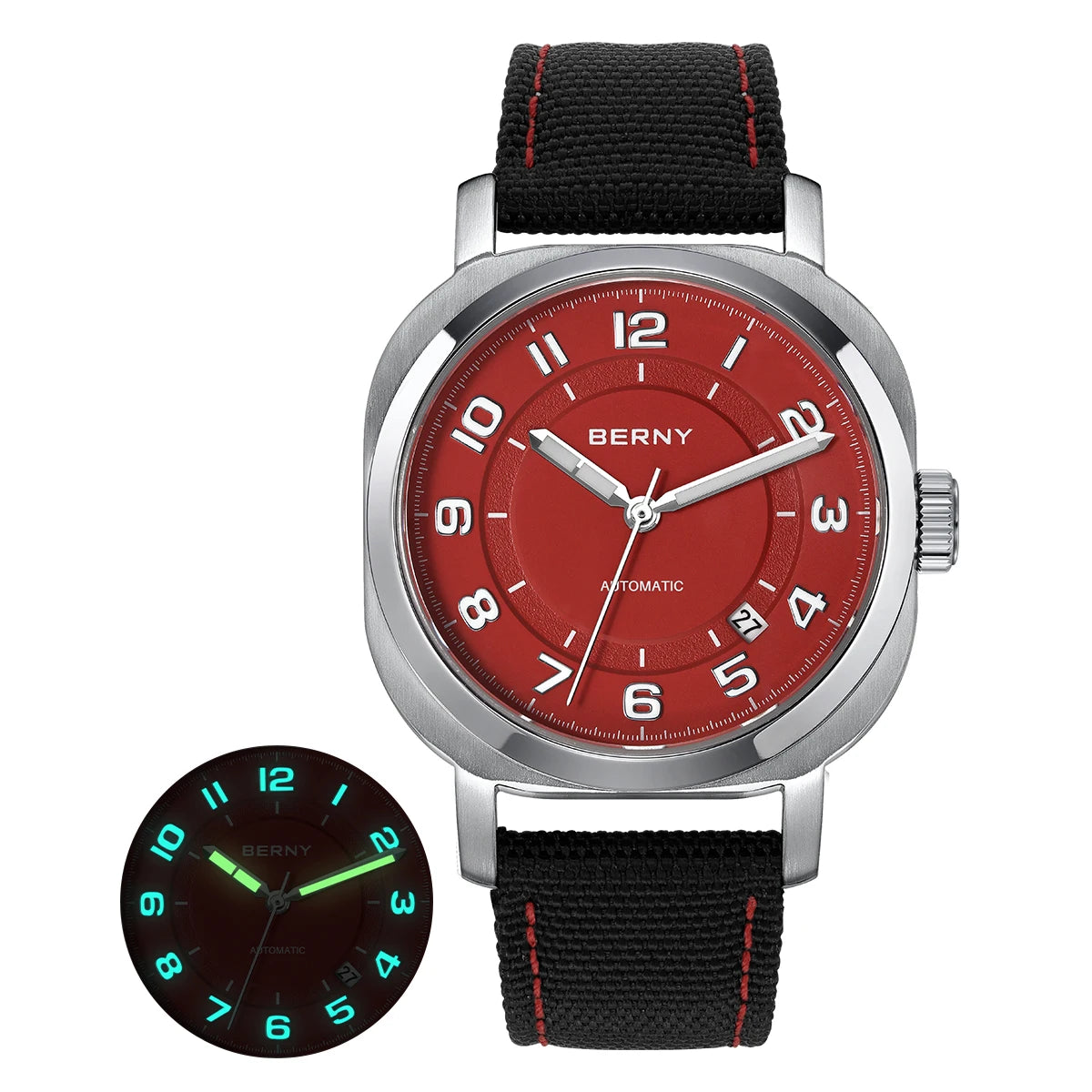 Cavonar® – Men's Cushion Mechanical Watch | 38mm, Sapphire Crystal, Super Luminous Hands, Canvas Strap, Calendar