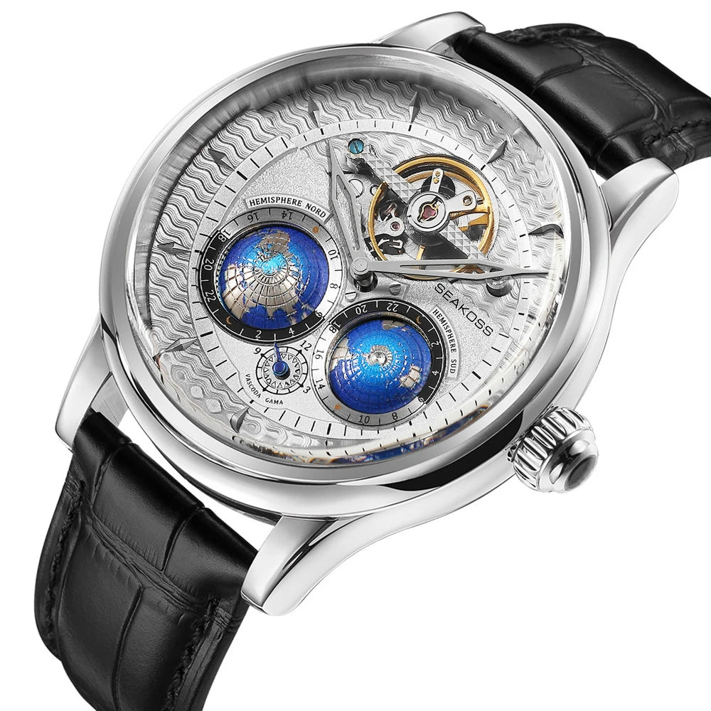 Stravion® – TerraSpin 1963 | Double Globe Mechanical Watch with Flywheel Tourbillon & Military Vintage Design