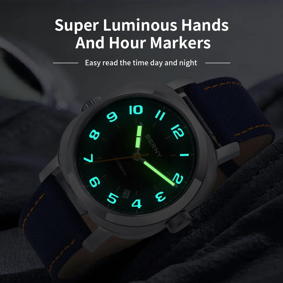 Cavonar® – Men's Cushion Mechanical Watch | 38mm, Sapphire Crystal, Super Luminous Hands, Canvas Strap, Calendar