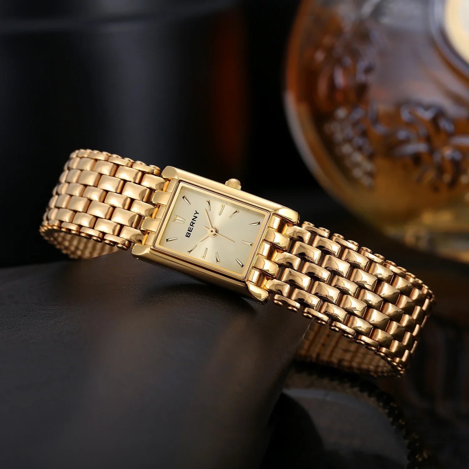 Aurique® – Luxury Gold Square Watch for Women | Stainless Steel, Minimal Quartz Design, Elegant & Fashionable