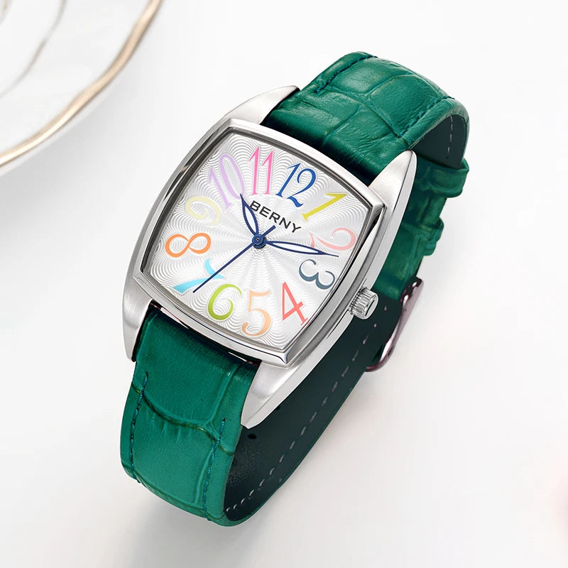 Lunivera® – Colorful Numeral Square Quartz Watch for Women | Easy Read Dial, Leather Strap, Casual Elegant Style