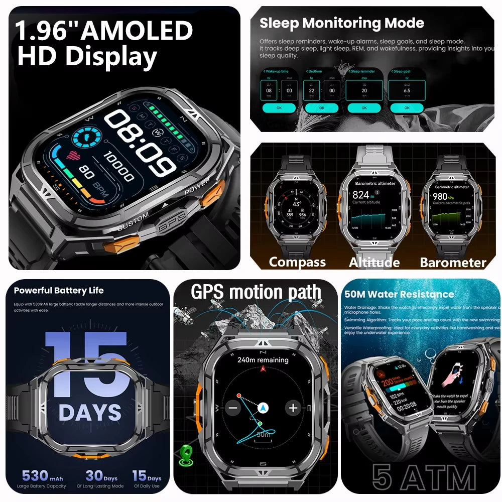 Trekvance® – GPS Smartwatch with Compass & 1.96" AMOLED AOD | BT Call, 5ATM Waterproof, Heart Rate, 530mAh Battery