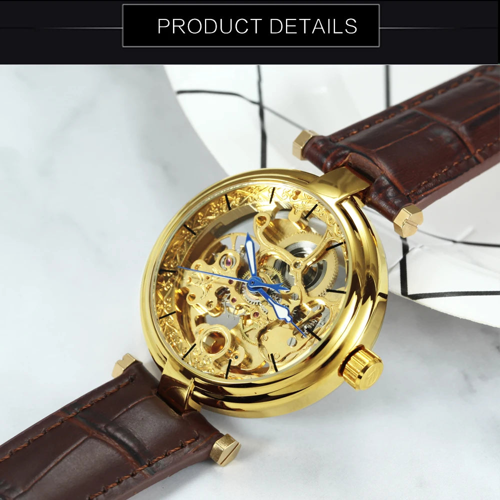 Valverra® – Luxury Skeleton Automatic Watch for Women | Gold Dial, Luminous Hands, Mechanical Movement, Leather Strap