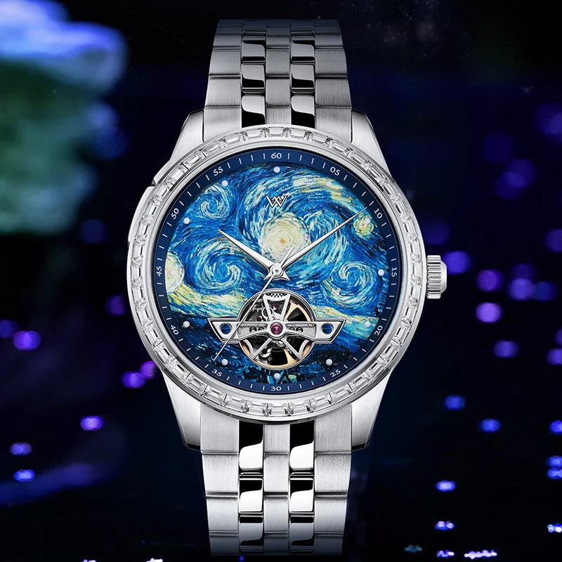 Marceaux® – NuitDétail WM146 | Artistic Skeleton Mechanical Watch with Oil-Painting Dial & Subtle Night Elegance