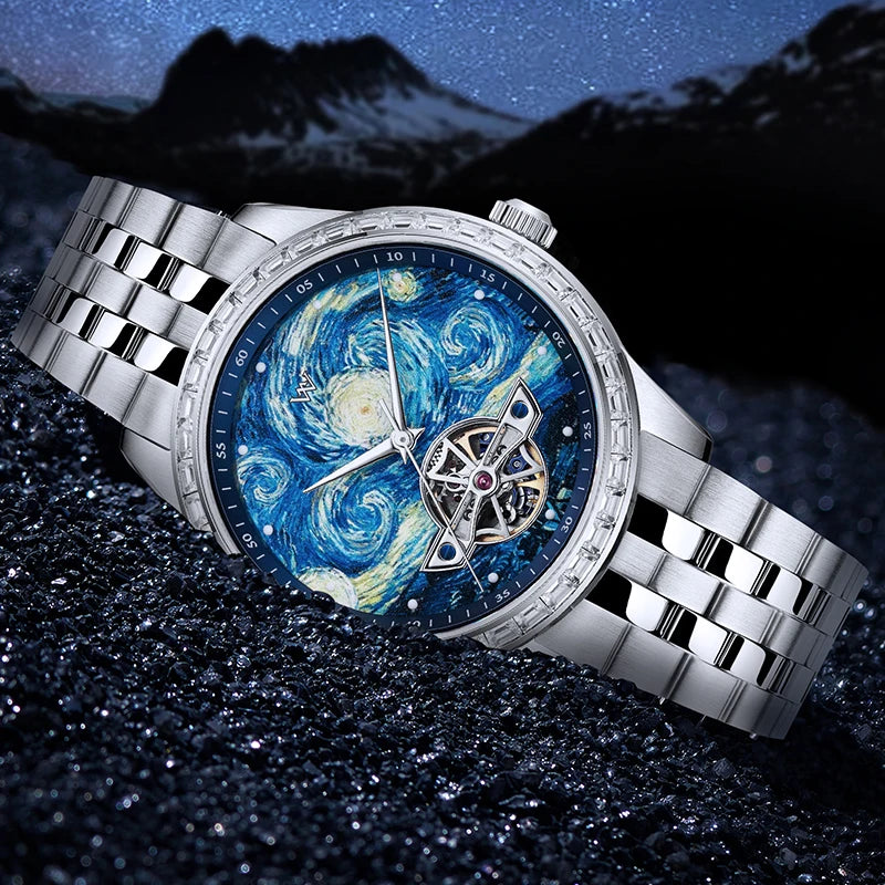 Marceaux® – NuitDétail WM146 | Artistic Skeleton Mechanical Watch with Oil-Painting Dial & Subtle Night Elegance