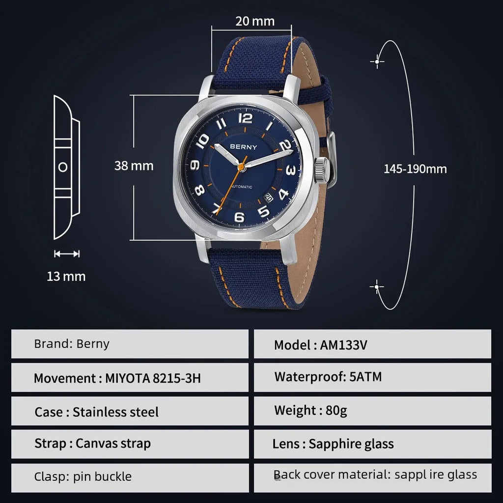 Cavonar® – Men's Cushion Mechanical Watch | 38mm, Sapphire Crystal, Super Luminous Hands, Canvas Strap, Calendar