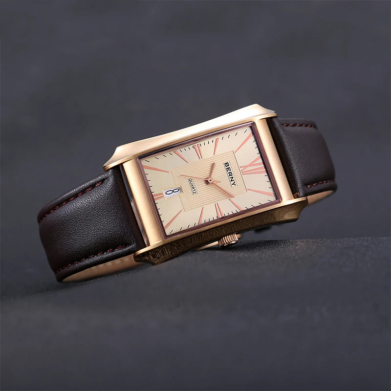 Luvrex® – Rectoné 301 | Men's Rectangle Quartz Watch with Genuine Leather Strap – 30M Waterproof Business Elegance