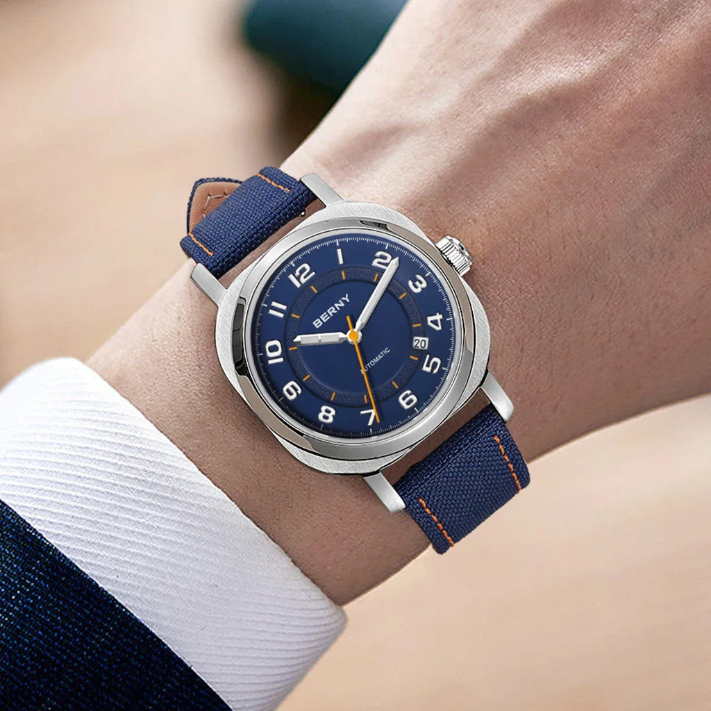 Cavonar® – Men's Cushion Mechanical Watch | 38mm, Sapphire Crystal, Super Luminous Hands, Canvas Strap, Calendar