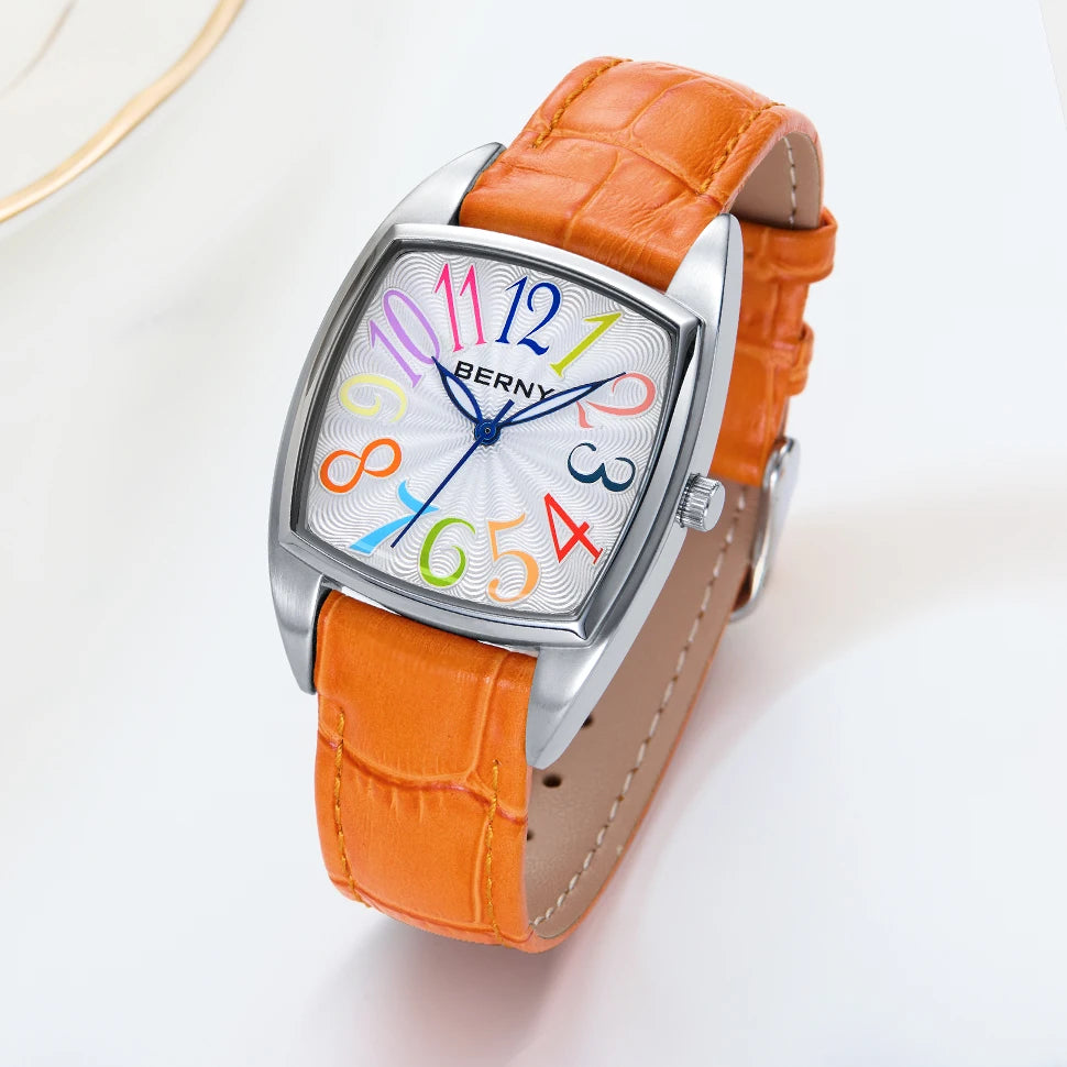 Lunivera® – Colorful Numeral Square Quartz Watch for Women | Easy Read Dial, Leather Strap, Casual Elegant Style