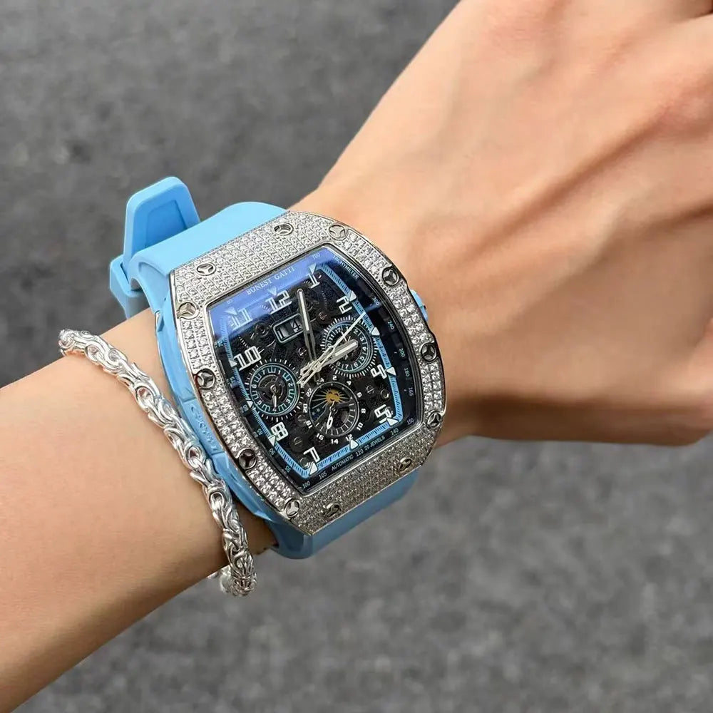 BoneCraft® 2025 – Automatic Mechanical Men’s Watch with Diamond Bezel, Rubber Strap & Sapphire Glass  Tiếng Việt: