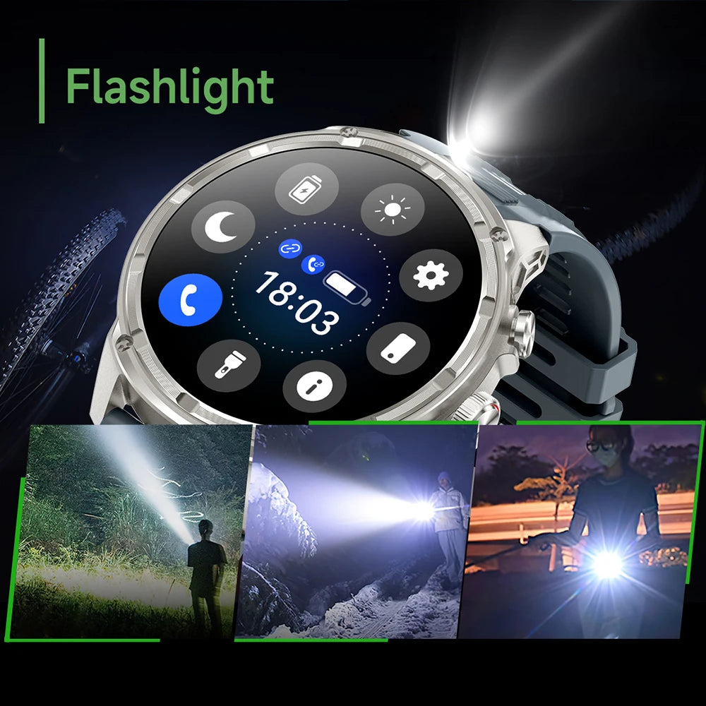 Athryos® – Outdoor Sport Smartwatch for Men | Bluetooth Call, Heart Rate, SpO₂, Waterproof, Flashlight, Android & iOS