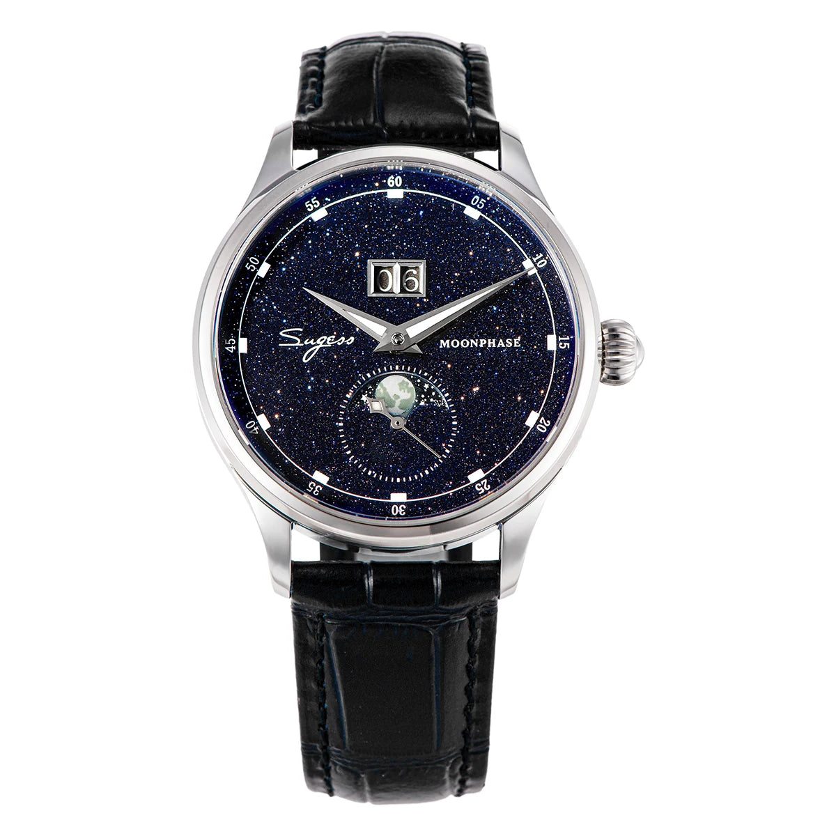 Noverra® – Lunastra 40 | Automatic Moonphase Watch with Blue Sandstone Dial & Stainless Steel Case