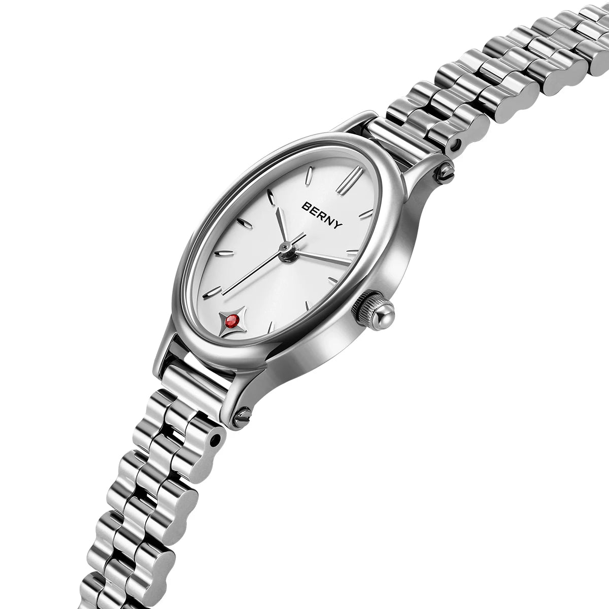 Elluryn® – Oval Minimalist Jewelry Watch Set for Women | Ruby Detail, Silver Quartz Bracelet Style, Elegant Gift Design