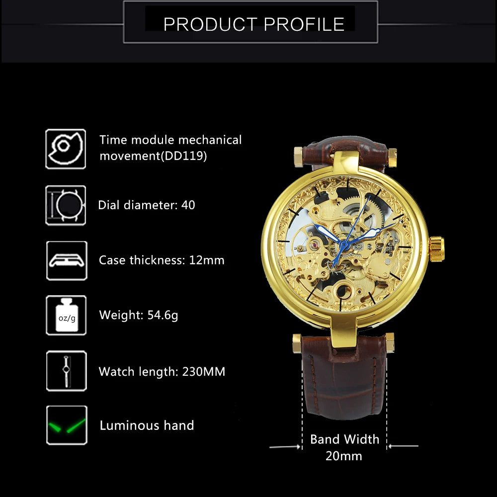 Valverra® – Luxury Skeleton Automatic Watch for Women | Gold Dial, Luminous Hands, Mechanical Movement, Leather Strap