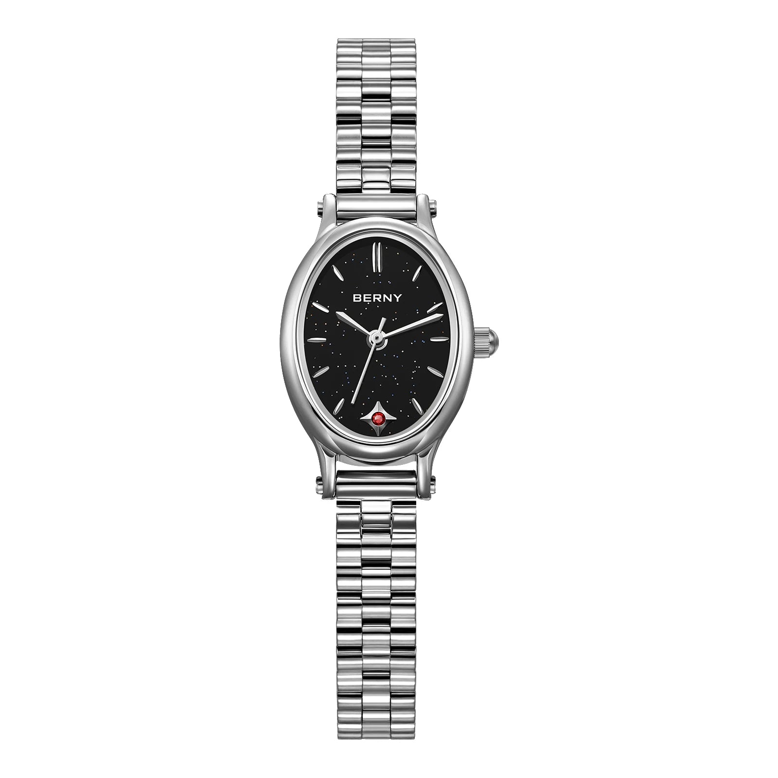 Elluryn® – Oval Minimalist Jewelry Watch Set for Women | Ruby Detail, Silver Quartz Bracelet Style, Elegant Gift Design