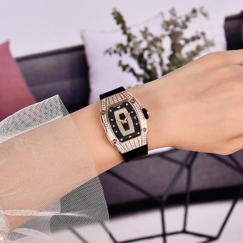 Velmira® – Glacine 26 | Swiss Ronda Tonneau Quartz Watch for Women with Diamond-Studded Bezel – Feminine & Elegant Design