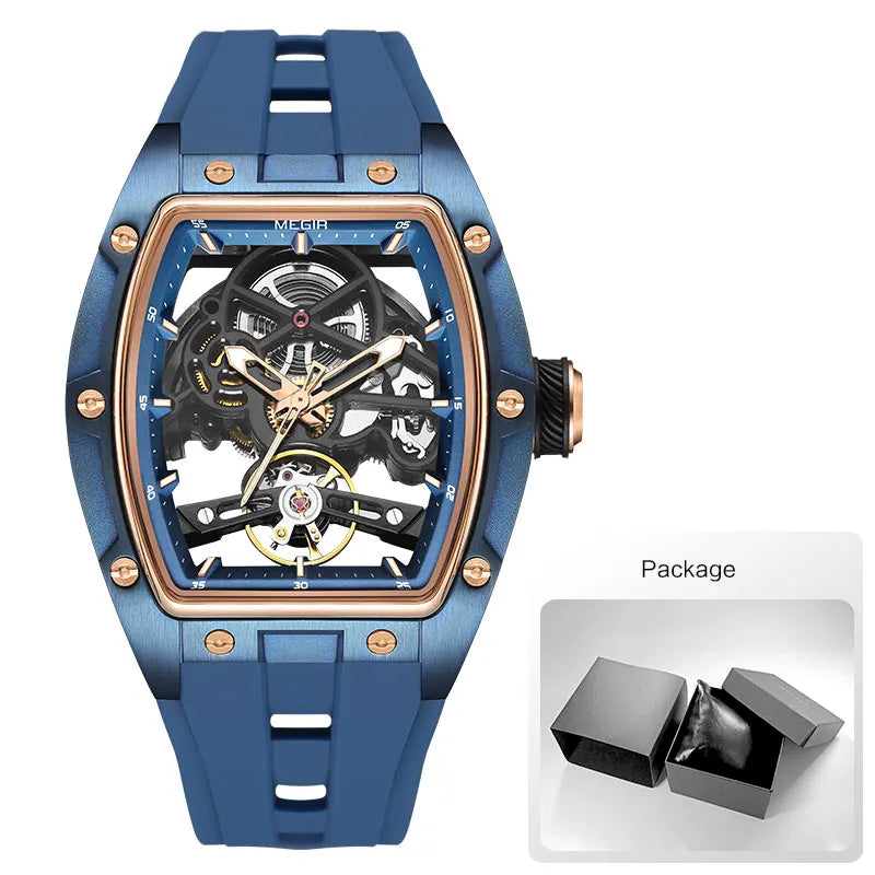 Skynovar® – Blue Skeleton Automatic Watch for Men | Stainless Steel Case, Silicone Strap, Sport Waterproof Design