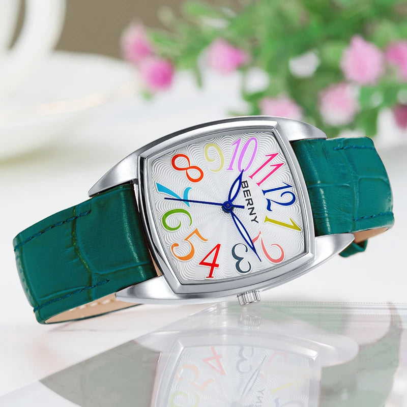 Lunivera® – Colorful Numeral Square Quartz Watch for Women | Easy Read Dial, Leather Strap, Casual Elegant Style