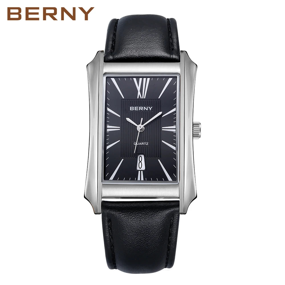Luvrex® – Rectoné 301 | Men's Rectangle Quartz Watch with Genuine Leather Strap – 30M Waterproof Business Elegance