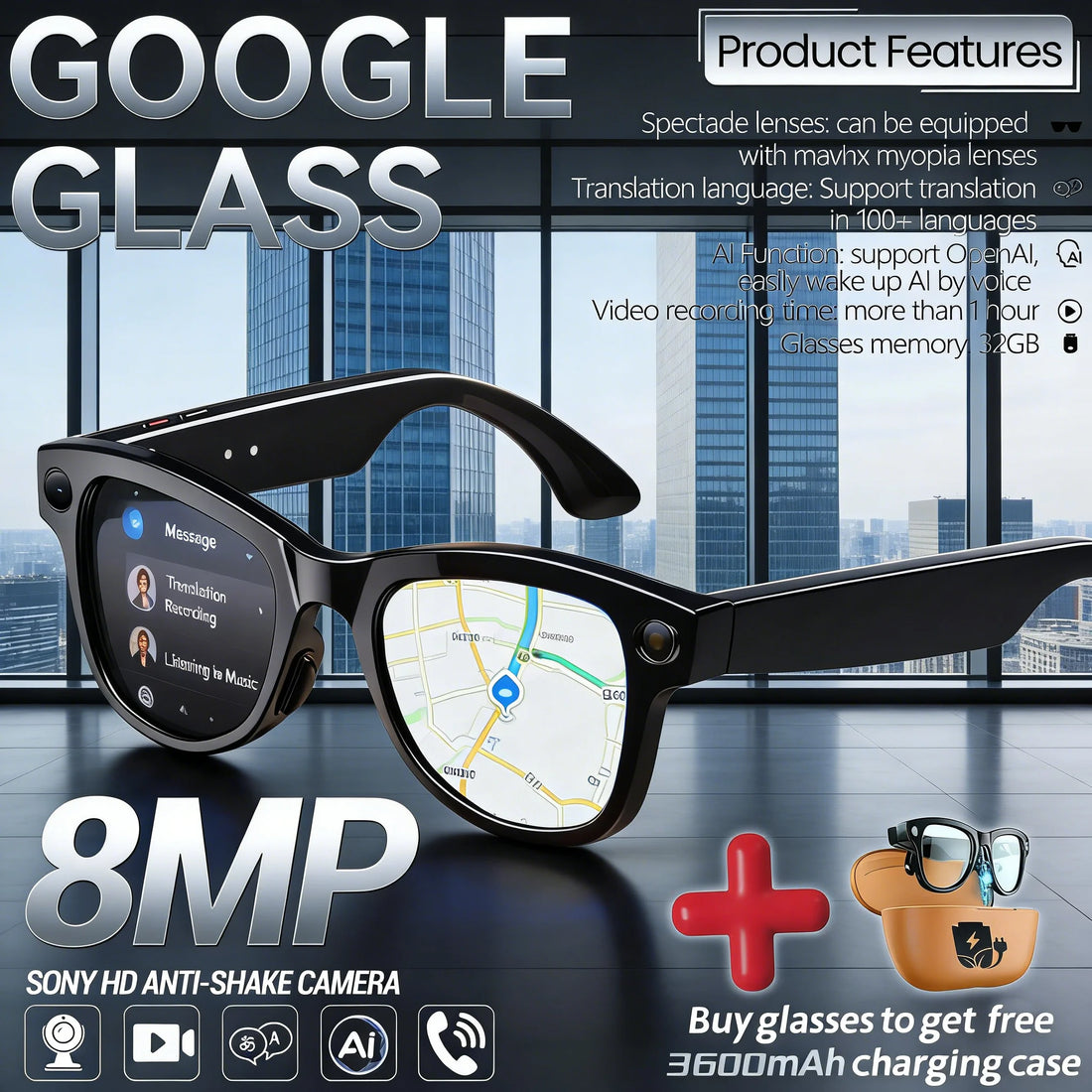 Linguavue® – AI Smart Glasses with Stabilized Camera & Voice Translation | Bluetooth Calling, Video Recording, Long Battery