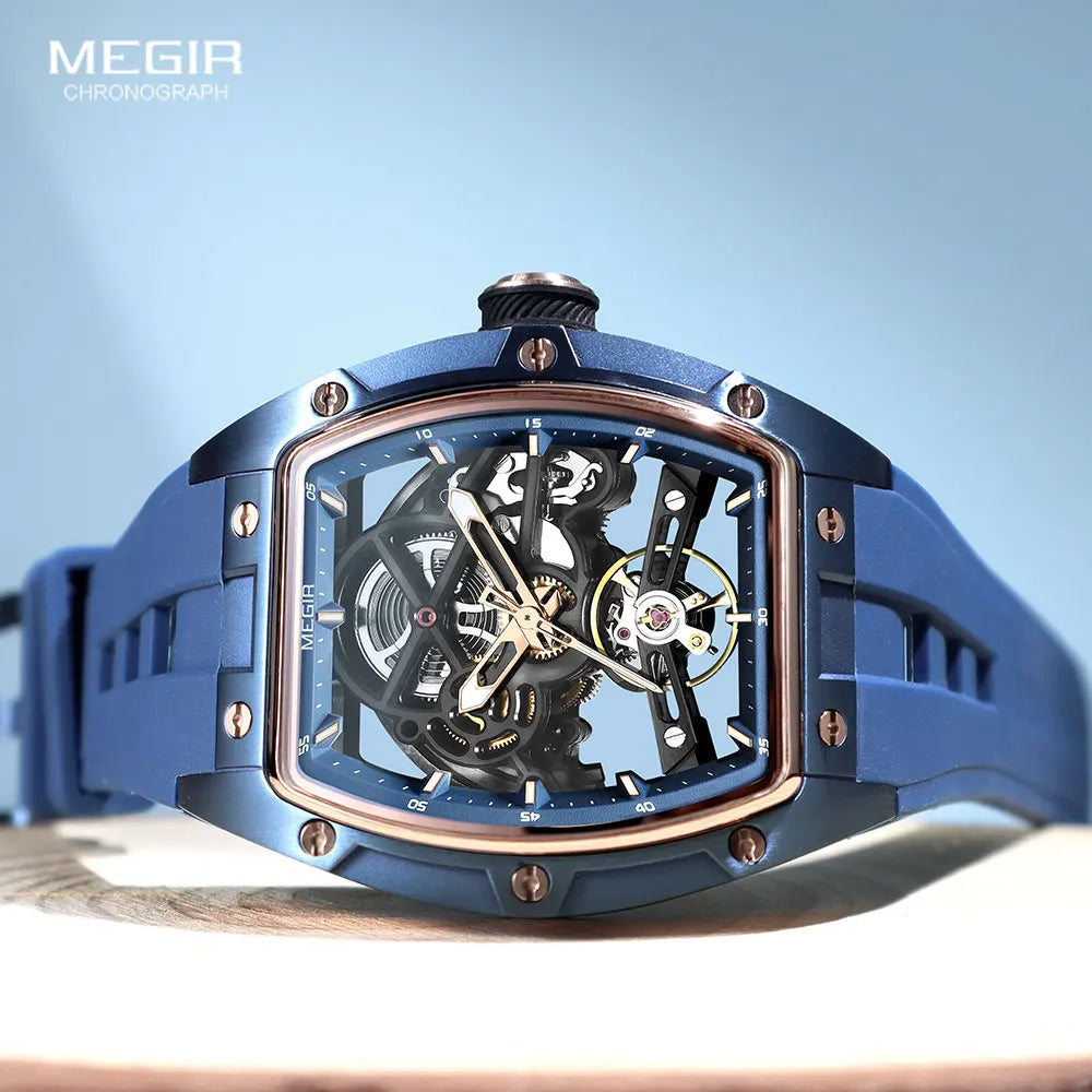 Skynovar® – Blue Skeleton Automatic Watch for Men | Stainless Steel Case, Silicone Strap, Sport Waterproof Design
