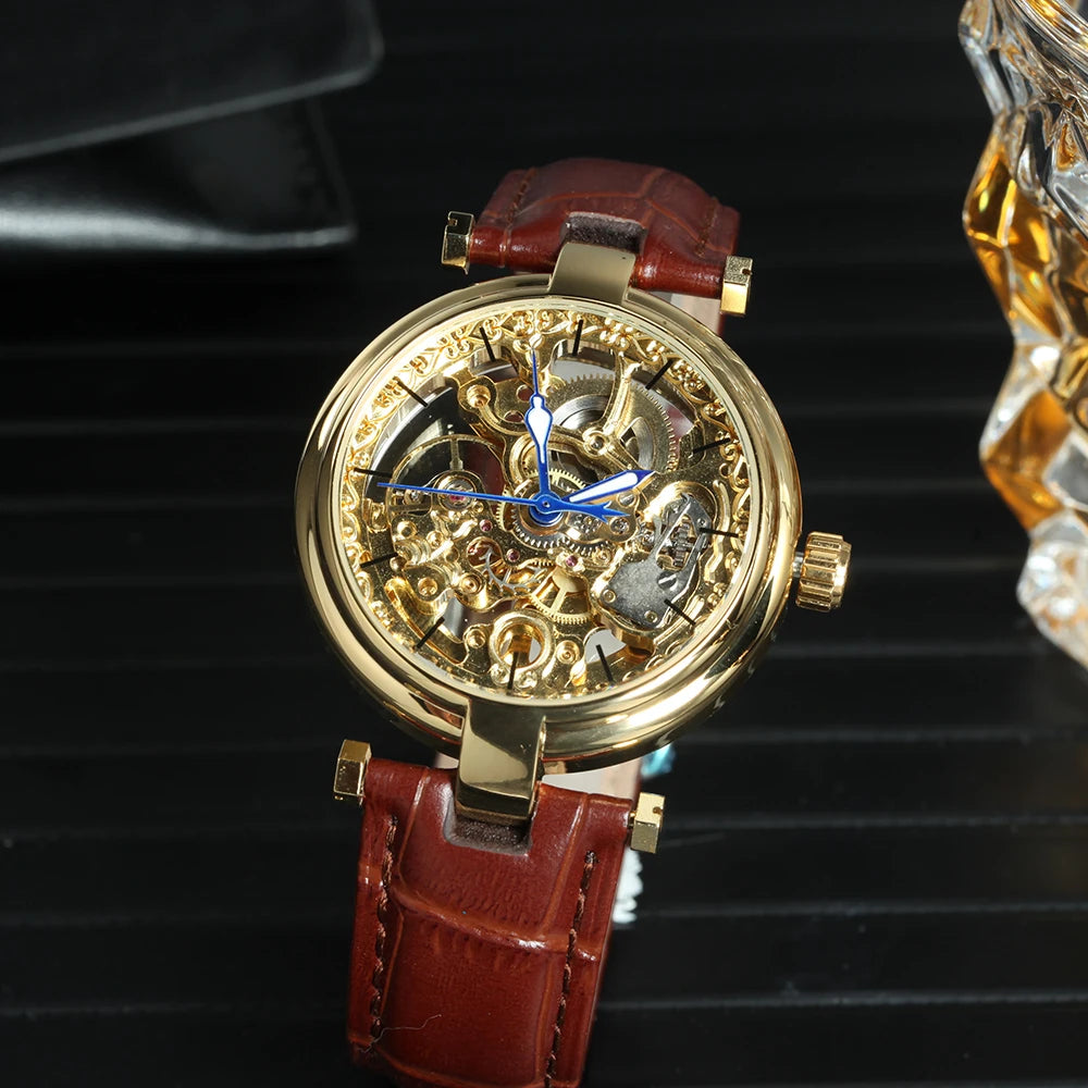 Valverra® – Luxury Skeleton Automatic Watch for Women | Gold Dial, Luminous Hands, Mechanical Movement, Leather Strap