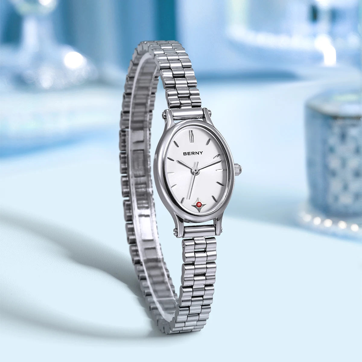 Elluryn® – Oval Minimalist Jewelry Watch Set for Women | Ruby Detail, Silver Quartz Bracelet Style, Elegant Gift Design