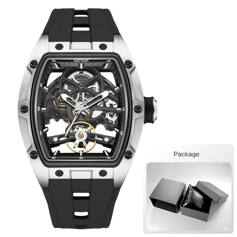 Skynovar® – Blue Skeleton Automatic Watch for Men | Stainless Steel Case, Silicone Strap, Sport Waterproof Design