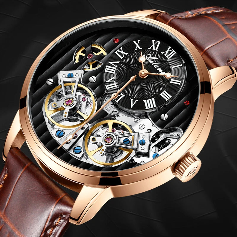 Dravonne® – Men's Double Tourbillon Mechanical Watch | Flying Automatic Movement, Leather Strap, Waterproof Luxury Timepiece