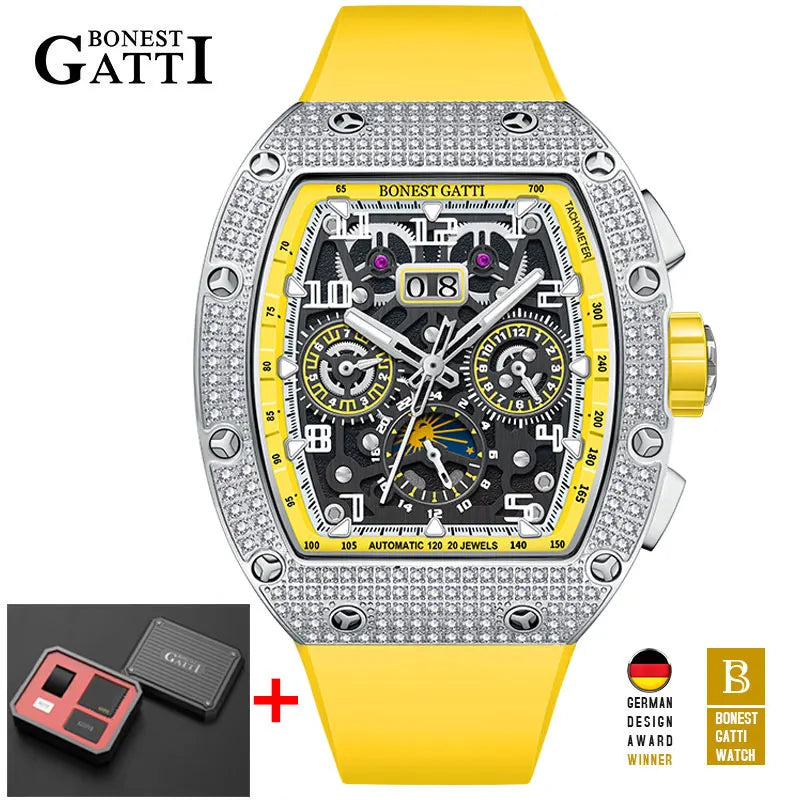 BoneCraft® 2025 – Automatic Mechanical Men’s Watch with Diamond Bezel, Rubber Strap & Sapphire Glass  Tiếng Việt: