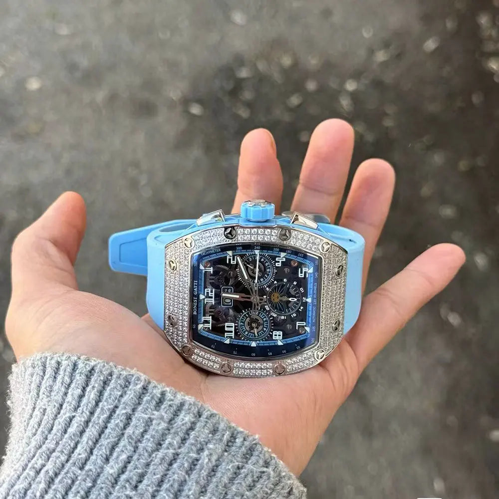 BoneCraft® 2025 – Automatic Mechanical Men’s Watch with Diamond Bezel, Rubber Strap & Sapphire Glass  Tiếng Việt: