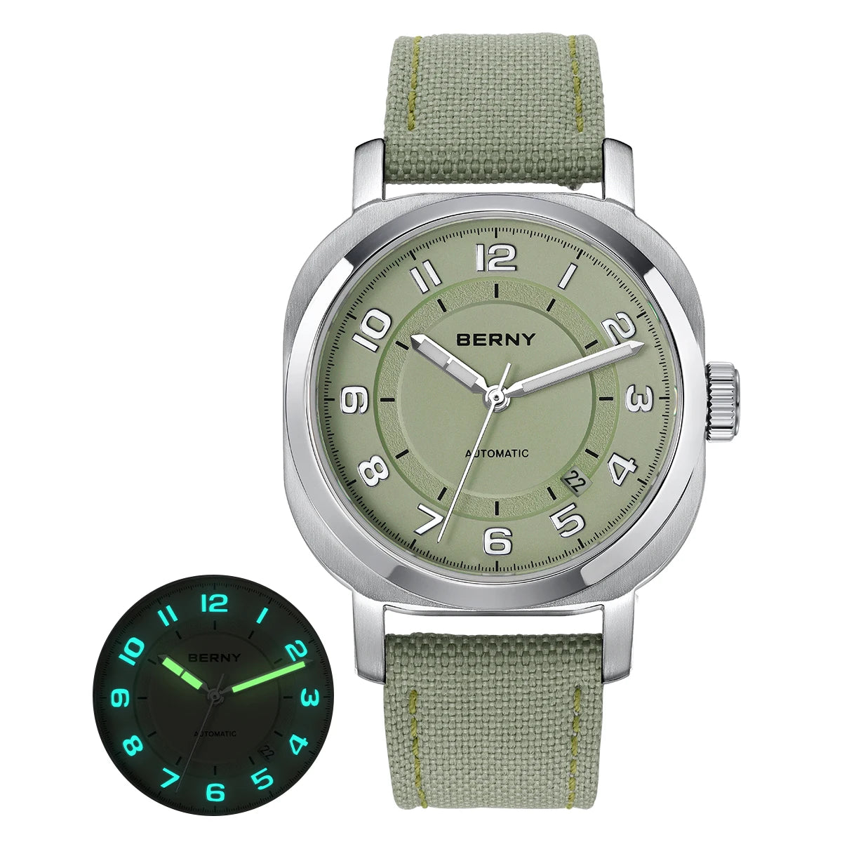 Cavonar® – Men's Cushion Mechanical Watch | 38mm, Sapphire Crystal, Super Luminous Hands, Canvas Strap, Calendar