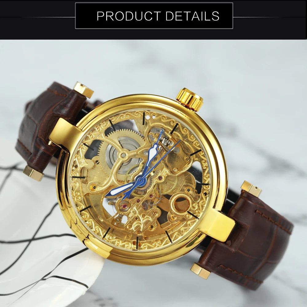 Valverra® – Luxury Skeleton Automatic Watch for Women | Gold Dial, Luminous Hands, Mechanical Movement, Leather Strap