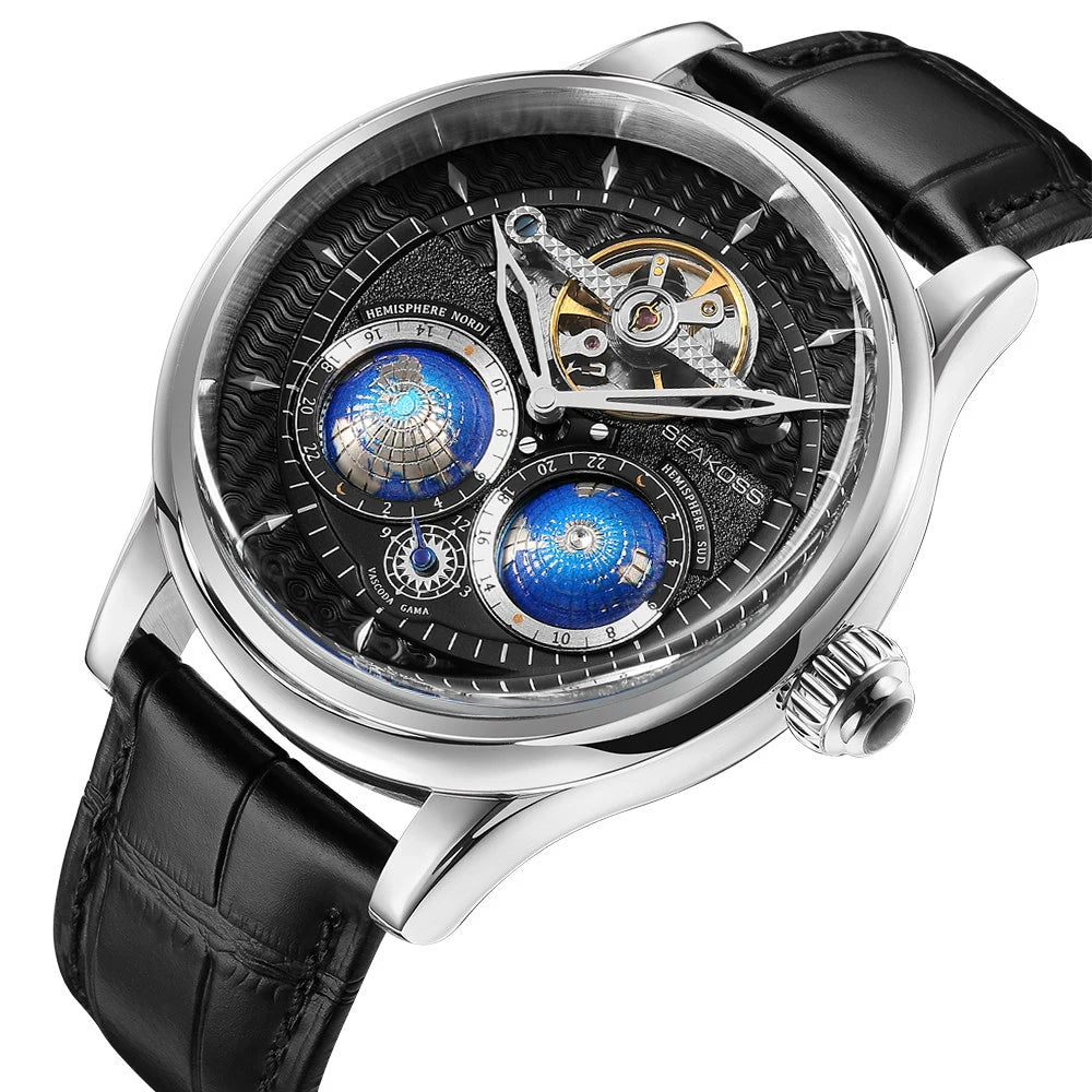 Stravion® – TerraSpin 1963 | Double Globe Mechanical Watch with Flywheel Tourbillon & Military Vintage Design