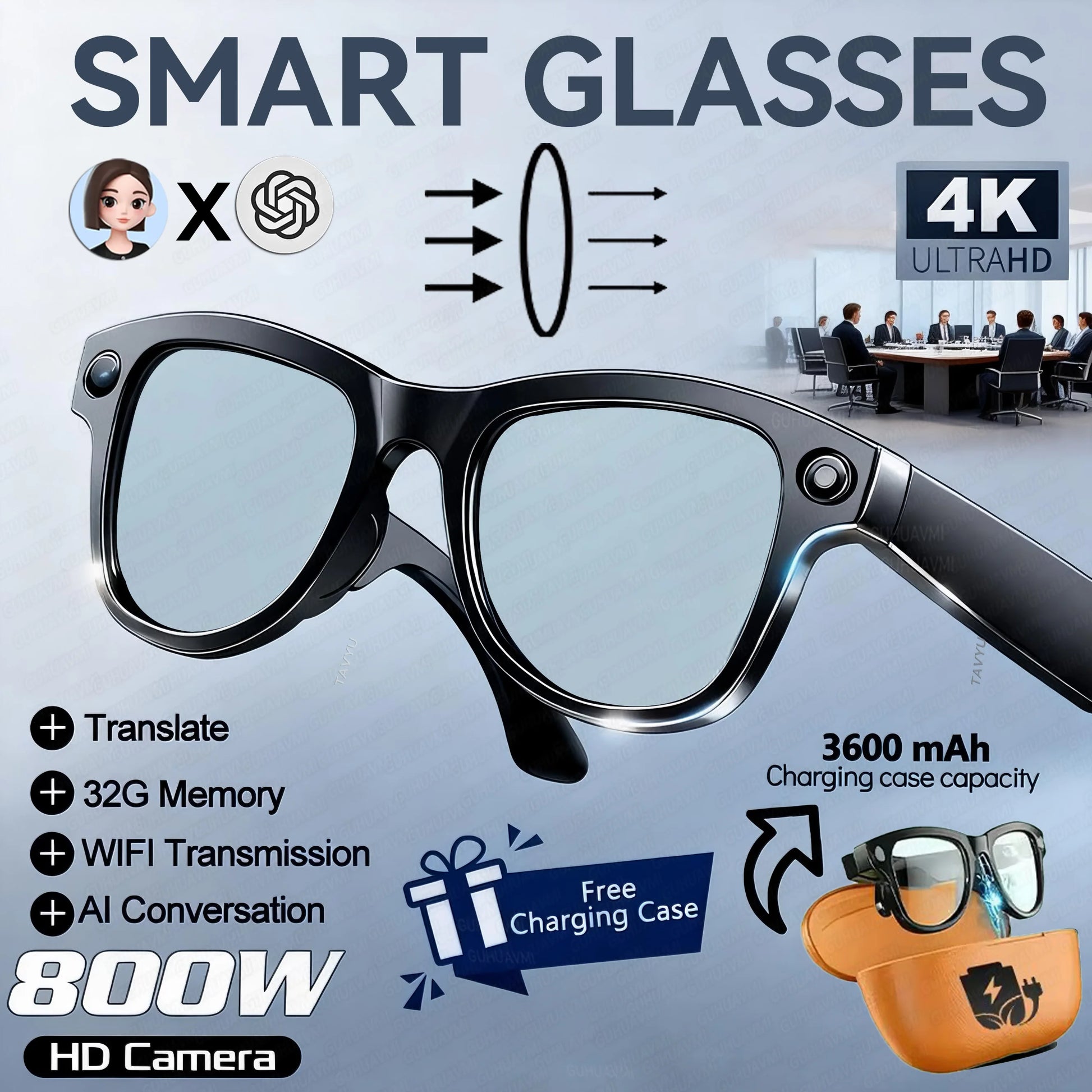 Linguavue® – AI Smart Glasses with Stabilized Camera & Voice Translation | Bluetooth Calling, Video Recording, Long Battery