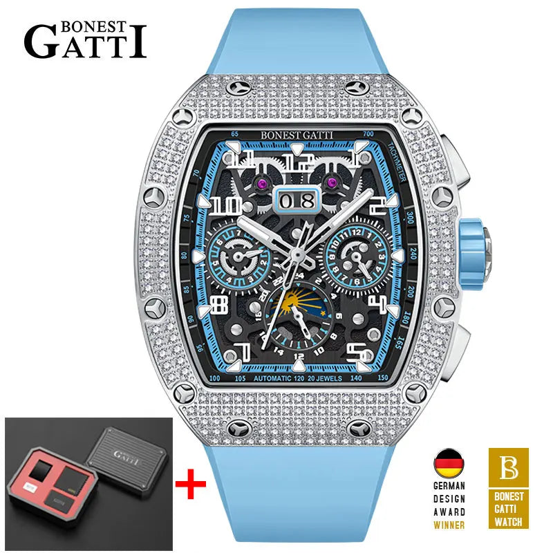 BoneCraft® 2025 – Automatic Mechanical Men’s Watch with Diamond Bezel, Rubber Strap & Sapphire Glass  Tiếng Việt: