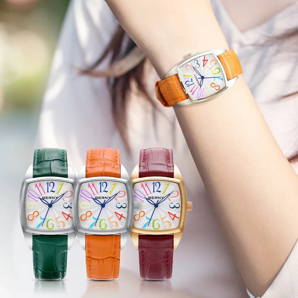 Lunivera® – Colorful Numeral Square Quartz Watch for Women | Easy Read Dial, Leather Strap, Casual Elegant Style