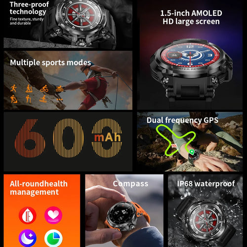 Altigear® – GPS Smartwatch with Compass & Altimeter | 600mAh Battery, AMOLED Display, Bluetooth Call, IP68 Waterproof