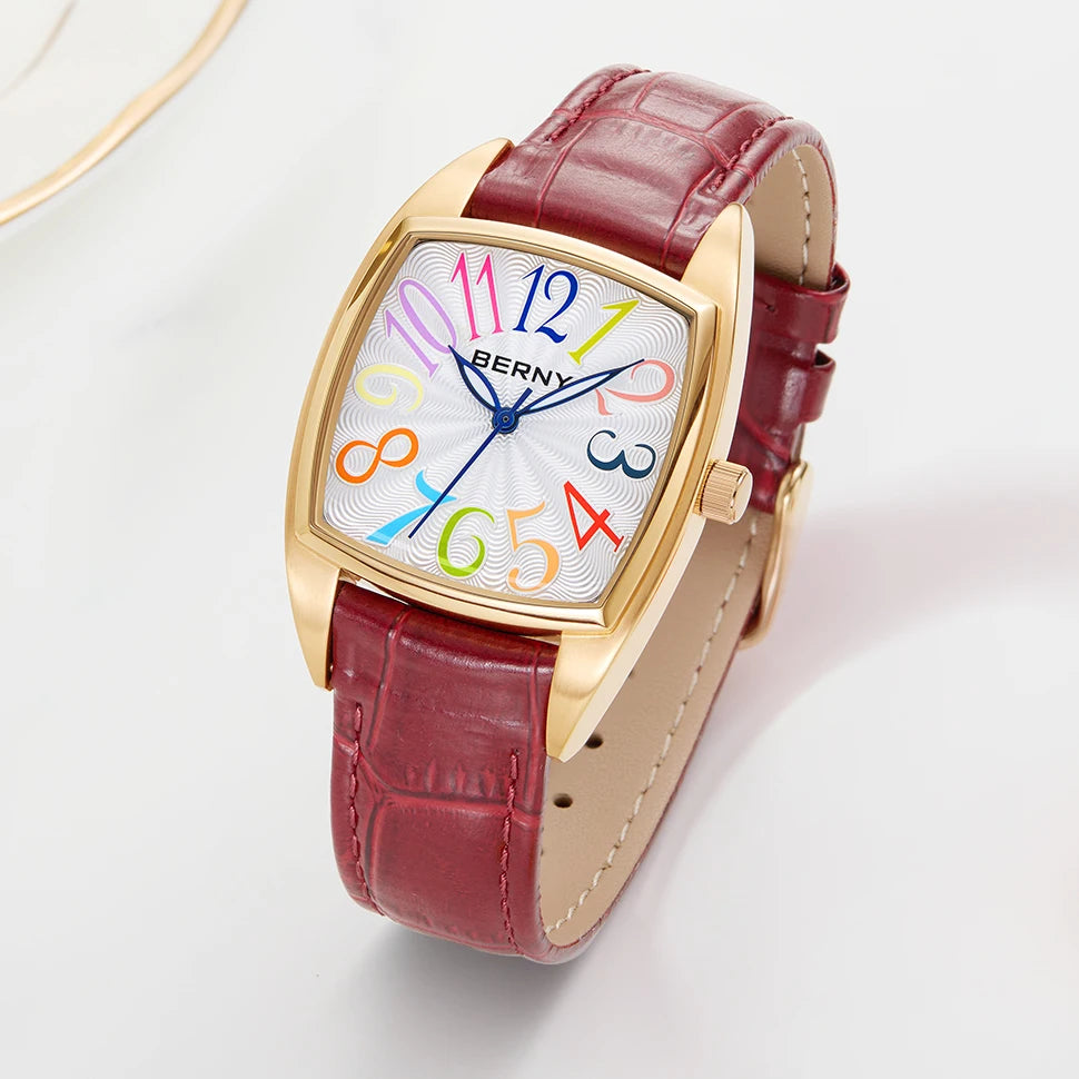 Lunivera® – Colorful Numeral Square Quartz Watch for Women | Easy Read Dial, Leather Strap, Casual Elegant Style