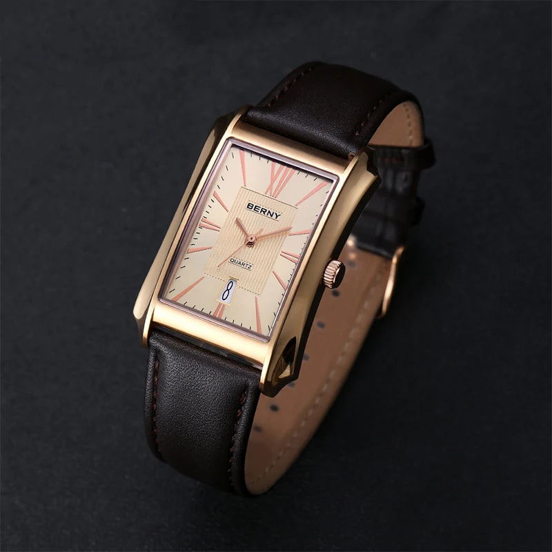 Luvrex® – Rectoné 301 | Men's Rectangle Quartz Watch with Genuine Leather Strap – 30M Waterproof Business Elegance