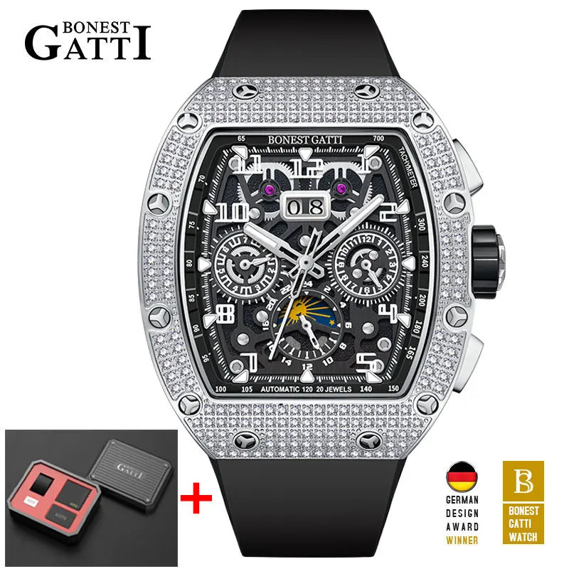 BoneCraft® 2025 – Automatic Mechanical Men’s Watch with Diamond Bezel, Rubber Strap & Sapphire Glass  Tiếng Việt: