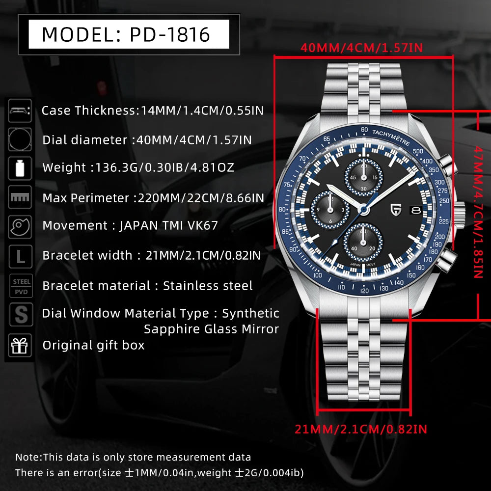 Pagaro Style® – Racing Chronograph Sport Quartz Men’s Watch, Japan VK67 Movement, AR Sapphire Crystal