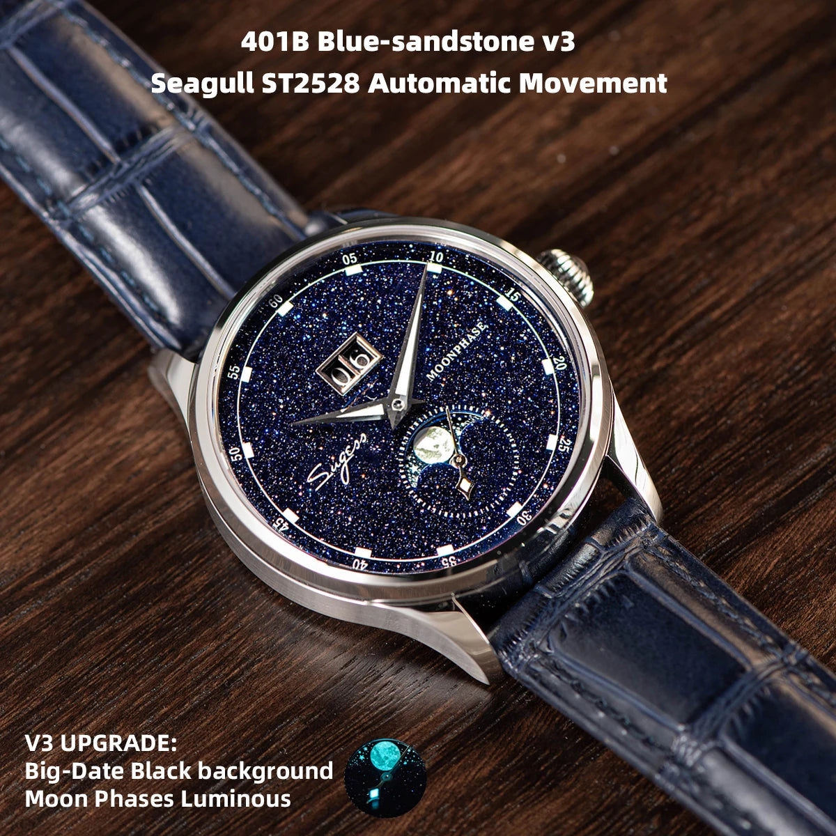 Noverra® – Lunastra 40 | Automatic Moonphase Watch with Blue Sandstone Dial & Stainless Steel Case
