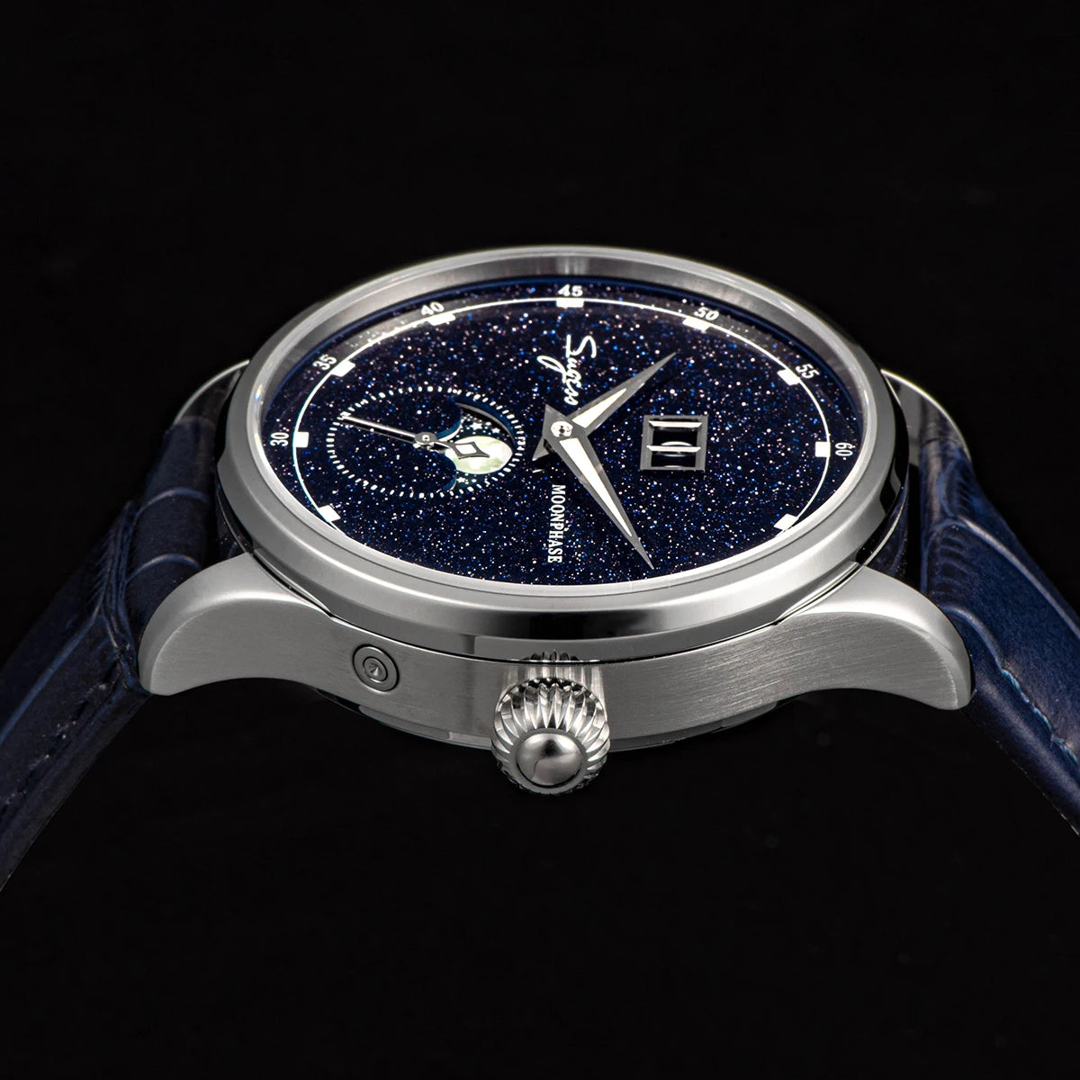 Noverra® – Lunastra 40 | Automatic Moonphase Watch with Blue Sandstone Dial & Stainless Steel Case